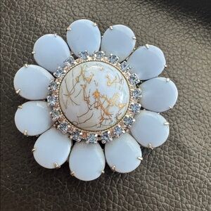 Vintage Blue Milk Glass & Rhinestone Flower Brooch